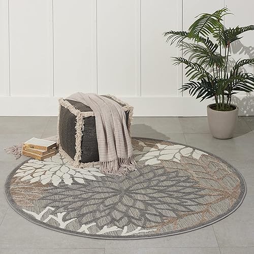 Nourison Aloha Indoor/Outdoor Natural 4' x round Area Rug, Tropical, Botanical, Easy -Cleaning, Non Shedding, Bed Room, Living Room, Dining Room, Deck, Backyard, Patio (4 Round)