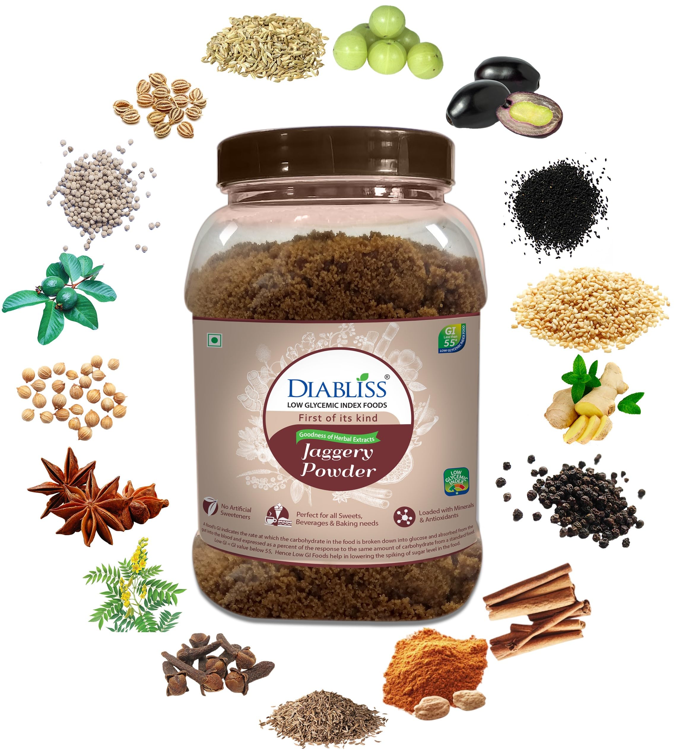 Herbal Jaggery Powder – Low GI, Natural & Chemical-Free Sweetener | 17-Herb Fortified | Hygienically Processed & Trusted Worldwide | 750g Reusable Jar