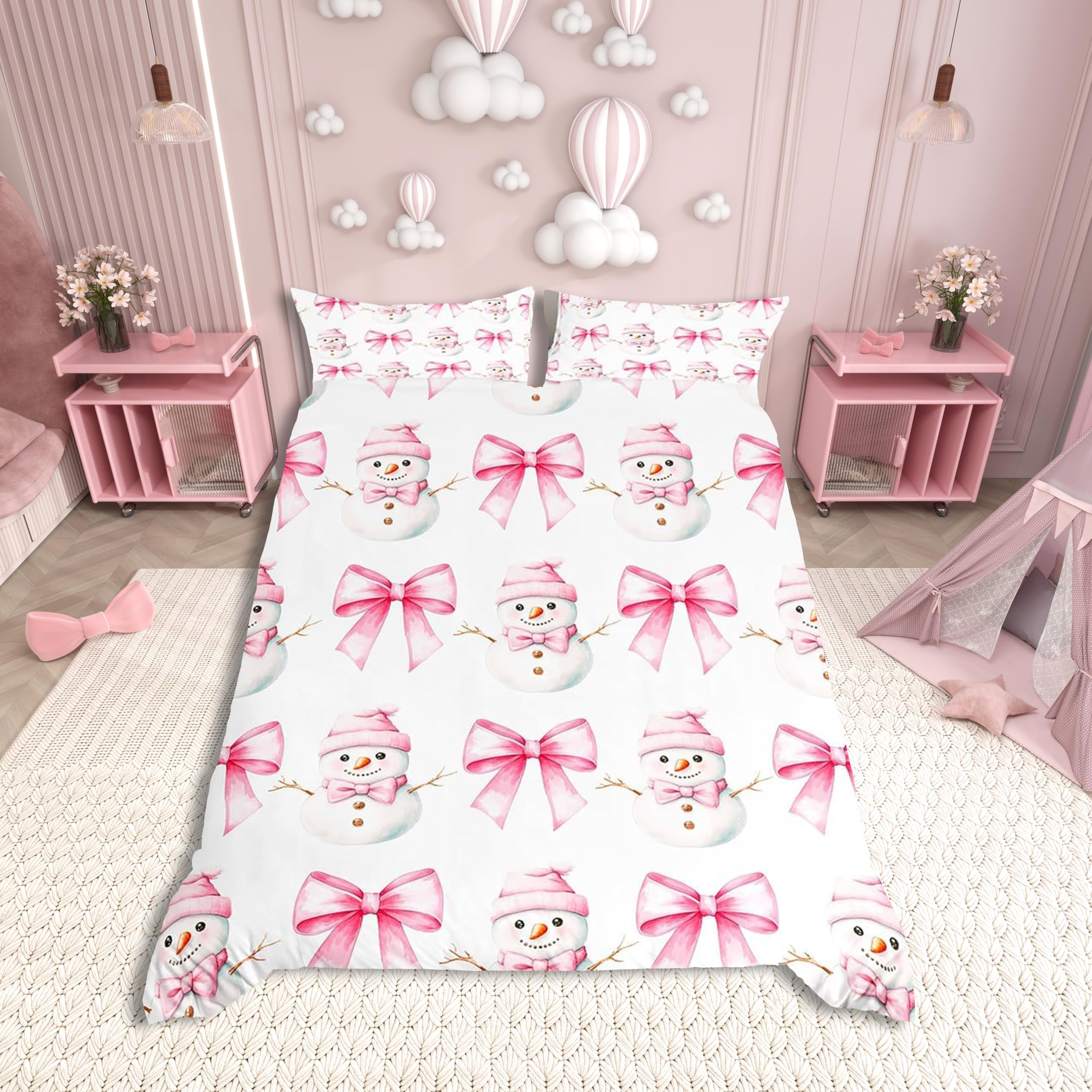 feelingyou Cartoon Snowman Kids Duvet Cover Set Single Size,Pink Bowknot Bow Tie Princess Bedding Set,Girls Women Room Decor,Merry Christmas Xmas Bow New Year Quilt Cover,1 Pillowcase(No Comforter) — image 1