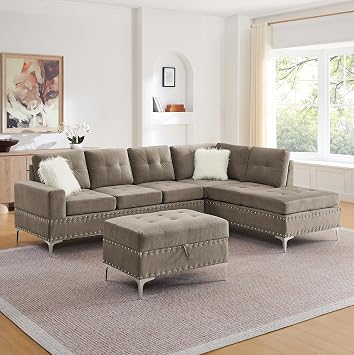 Living Room Furniture Sets, L-Shape Sectional 5-Seater Sofa with Extra Wide Reversible Chaise, Storage Ottoman and Cup Holders and Copper Nails, 2 Pillows, Brown