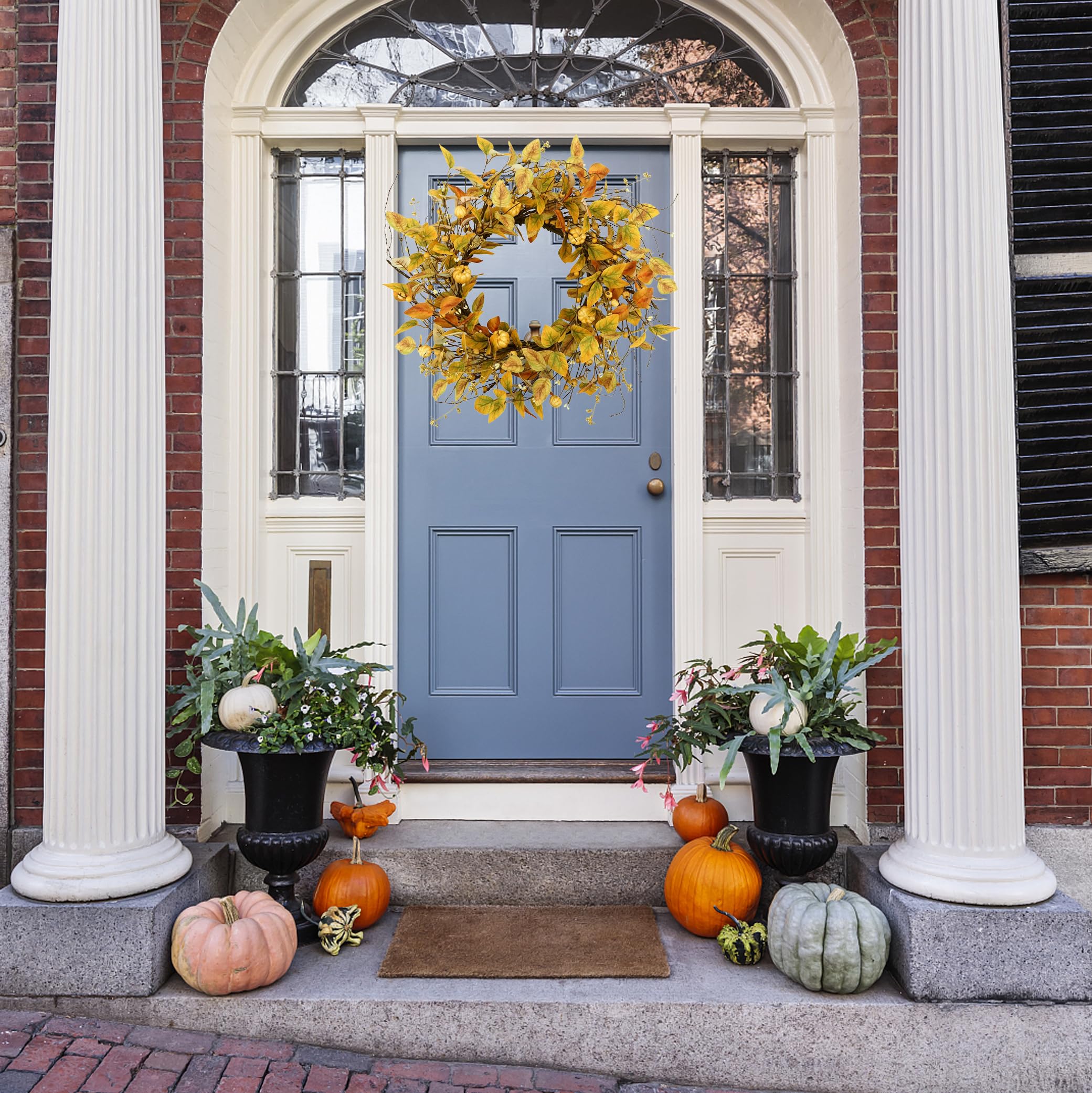 KORSMV 20" Fall Wreath Autumn Door Wreath with Pumpkin and Different Seed Berries for Front Door Outdoor Indoor Farmhouse Wall Home Harvest Festival Decor
