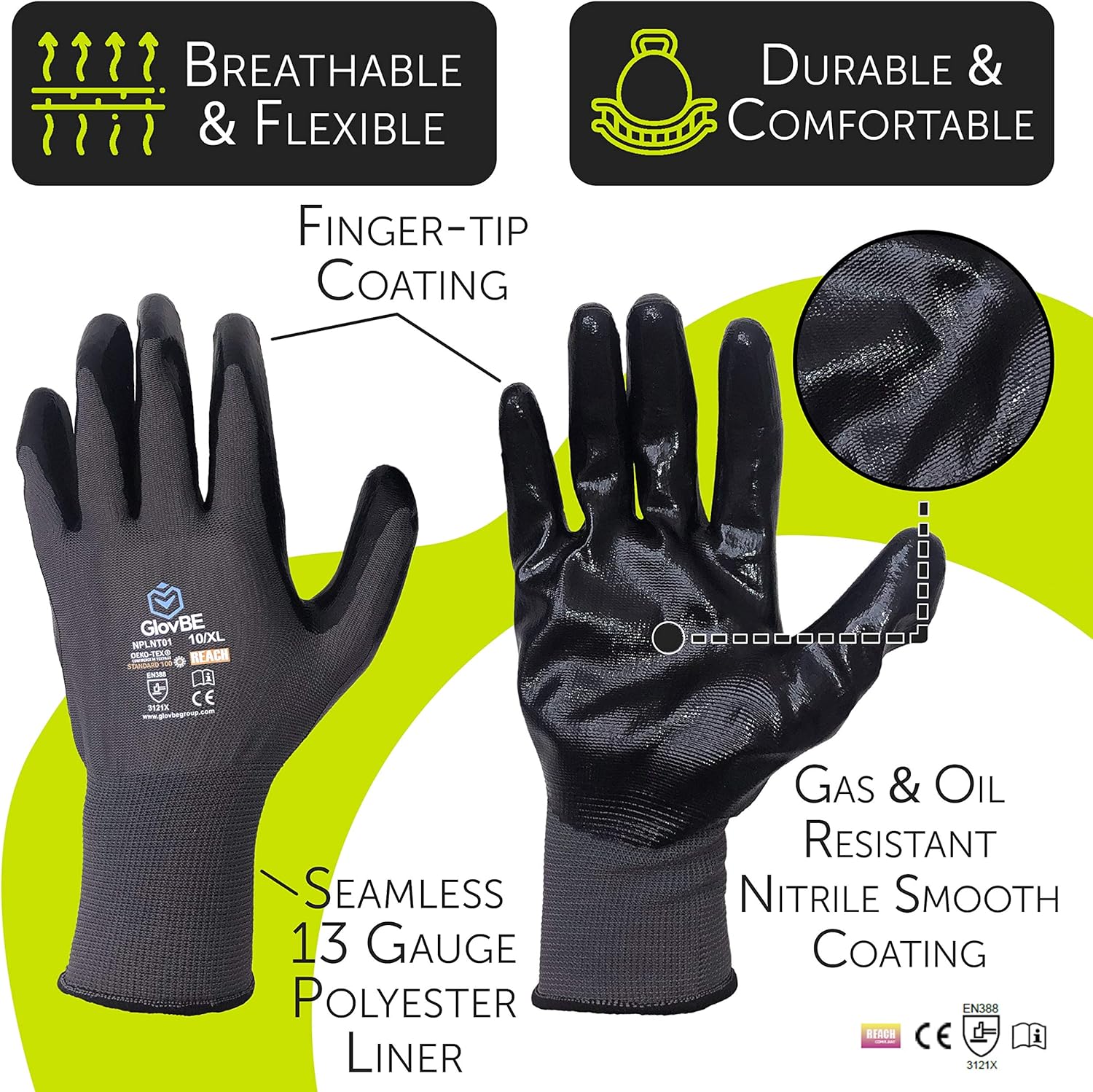 12 Pairs Mechanic Work Gloves, Oil & Gas Resistant Nitrile Coating, Grey (XL)