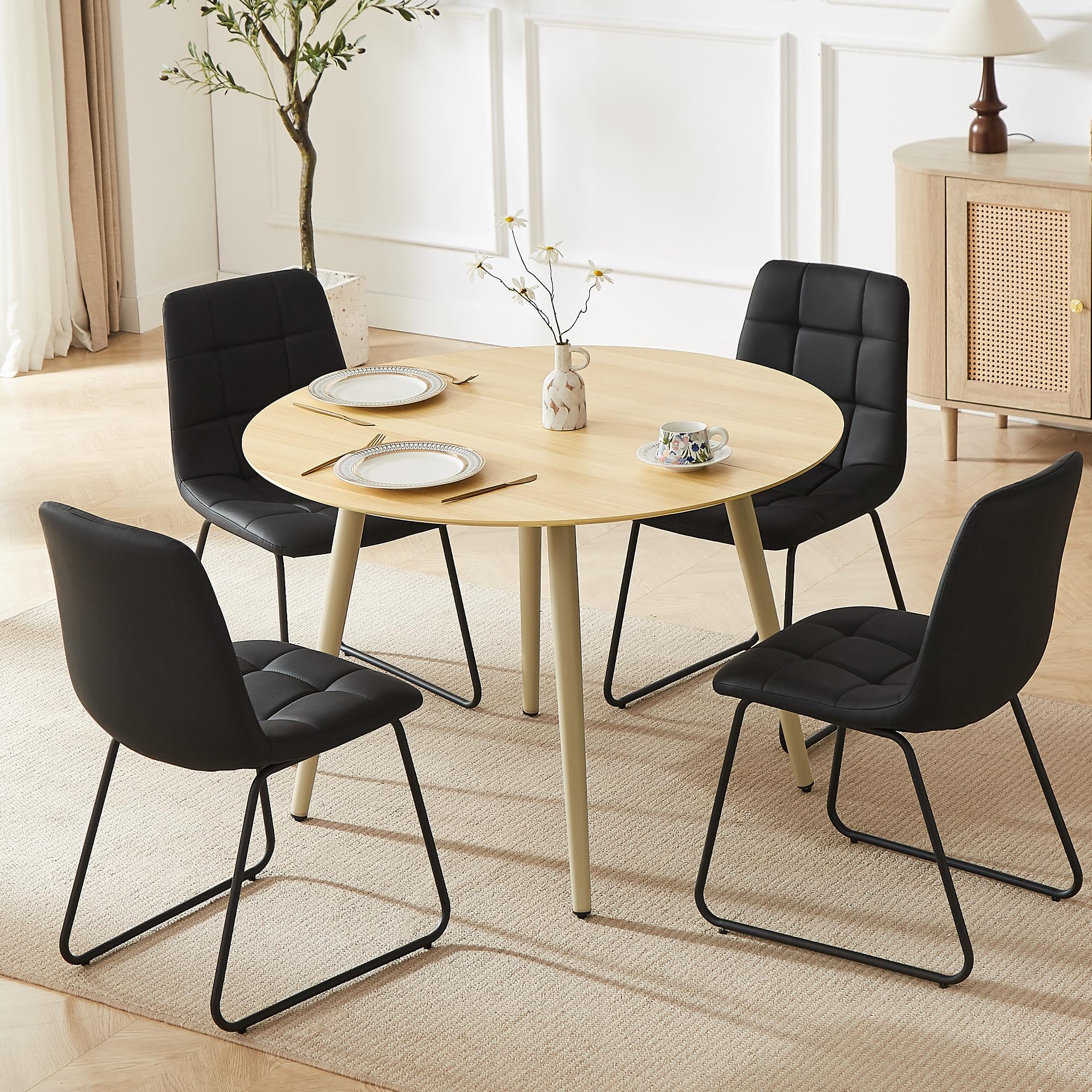 HIPIHOM 43.3 Inch Round Dining Table Set for 4, Modern Small Kitchen Coffee Set for Dining Room Kitchen Apartment (Cream Table+4 U-Shaped BlackChairs)