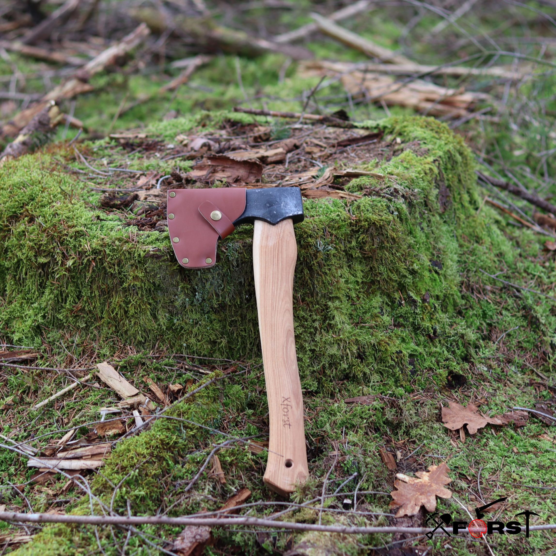 Xforst Hacha, Hachuela con vaina de cuero de acero al carbono forjado afilada, Hacha de mano de supervivencia - Modelo Vikingo X-TA5B