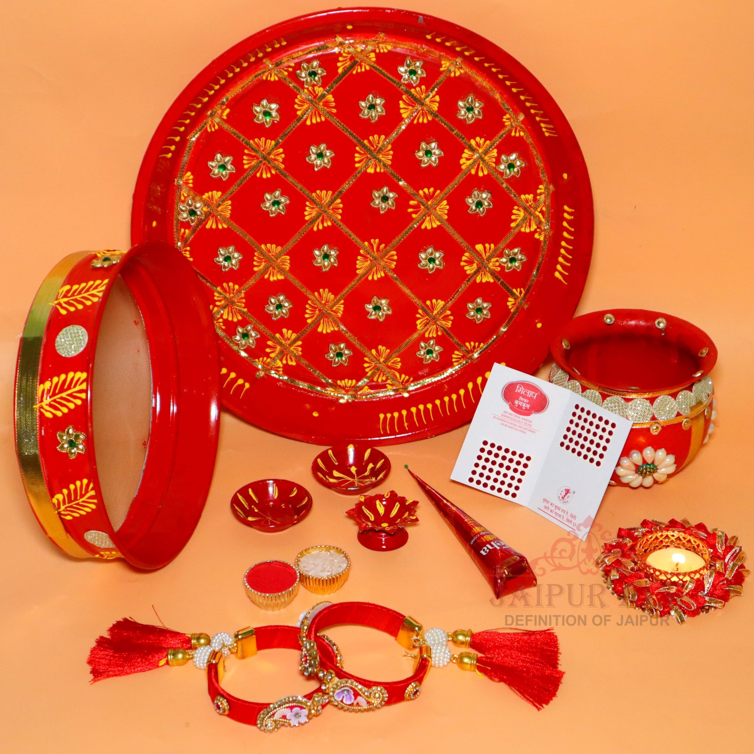 Jaipur Ace Karwa Chauth Traditional Womens Pooja Thali Combo Set | karwachauth Thali with Lota/Kalash, Channi, Bowls, Tealight Diya, Freesize Bangles,Bindi, Mehandi Cone & Kumkum