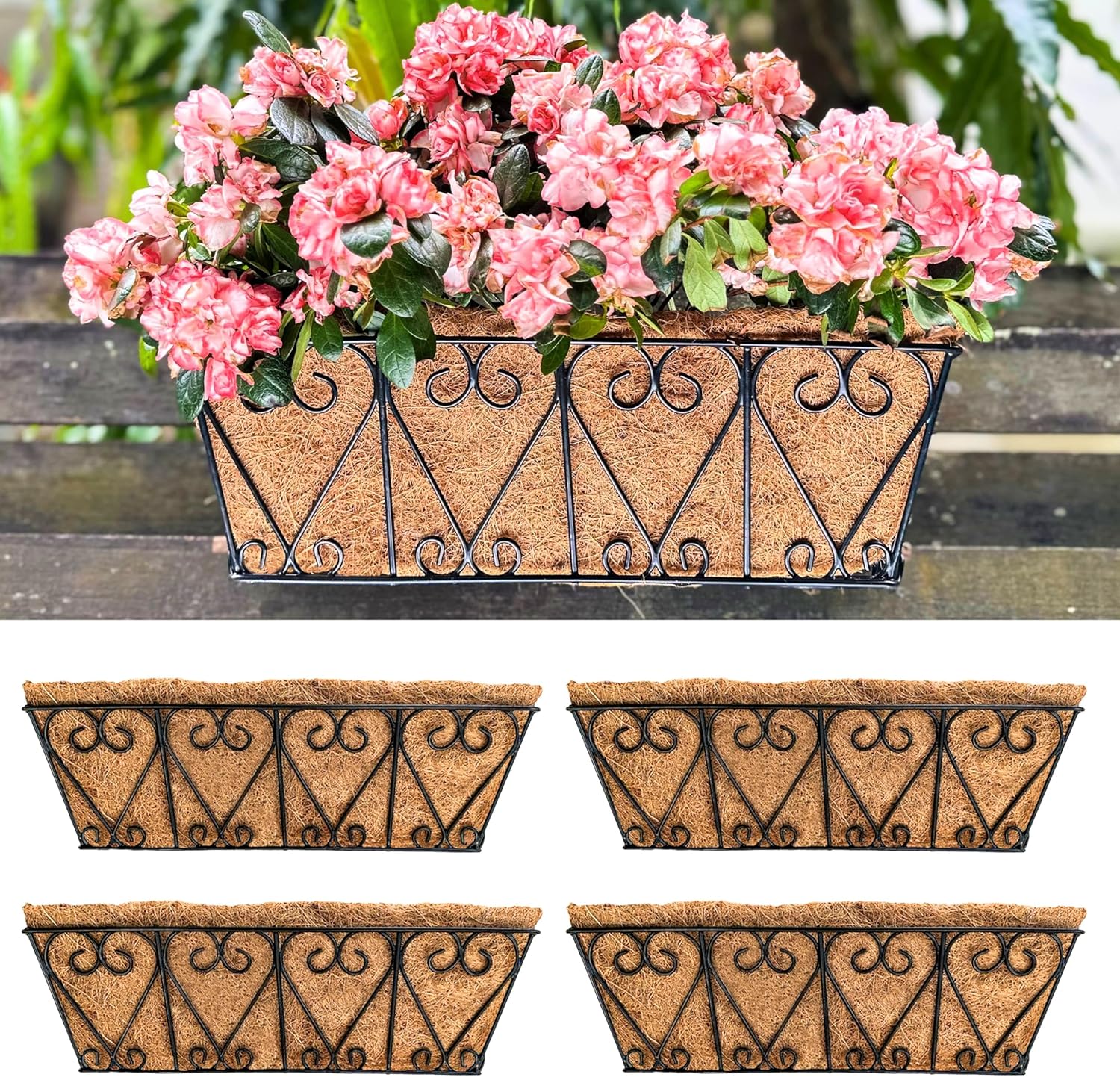 LaLaGreen Wal Planters - 4 Pack, 16 Inch Deck Railing Hanging Basket, Window Flower Boxes Outdoor Black Metal Plant Pot Holder Coco Liner Fence Planter Balcony Garden Patio Porch Farmhouse Boho Decor