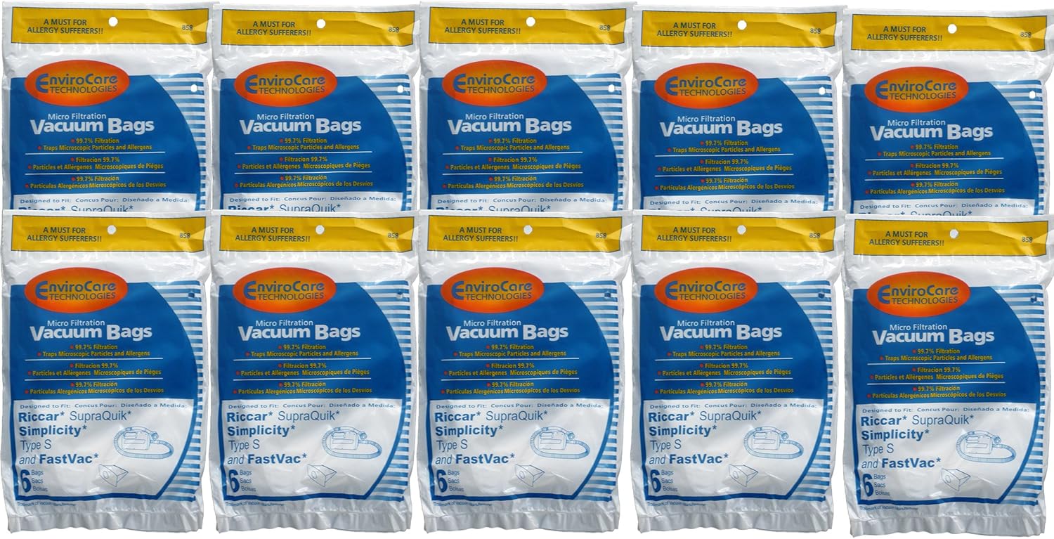 60 Allergen Bags for Riccar, Simplicity Type S, Eureka W, Fast Vac, GE, Compact Canister Hand Held Vacuum Cleaner #858, replaces Simplicity #SS-6 and Riccar part #RSQ-6, Sport, S100, FV500, FV-500, AC DELCO 550, SQuick Supra Quik, SupraQuik RSQ1