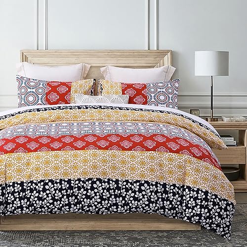 Miniatura 1 de SLEEPBELLA Juego de edredón Queen de microfibra suave para todas las estaciones, diseño bohemio colorido con patrón de rayas bohemias rojas, relleno
