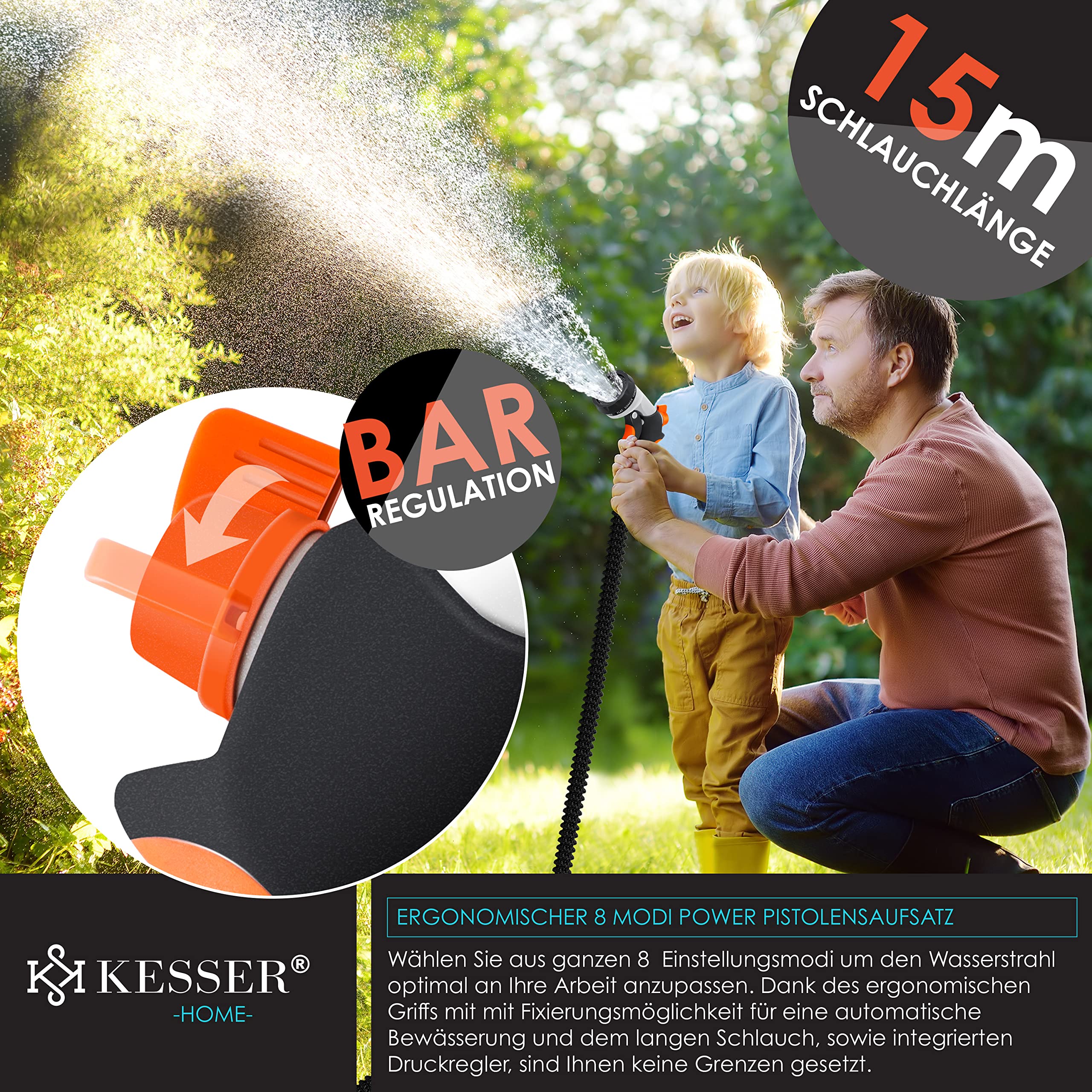 KESSER® flexibler Gartenschlauch 15 m, dehnbarer Flexischlauch, Wasserschlauch mit 3-fach Latexkern, 8 Modi Sprühpistole, Messing Anschlüsse + Wandhalterung, 1/2" & 3/4" Adapter & Tasche, Schwarz