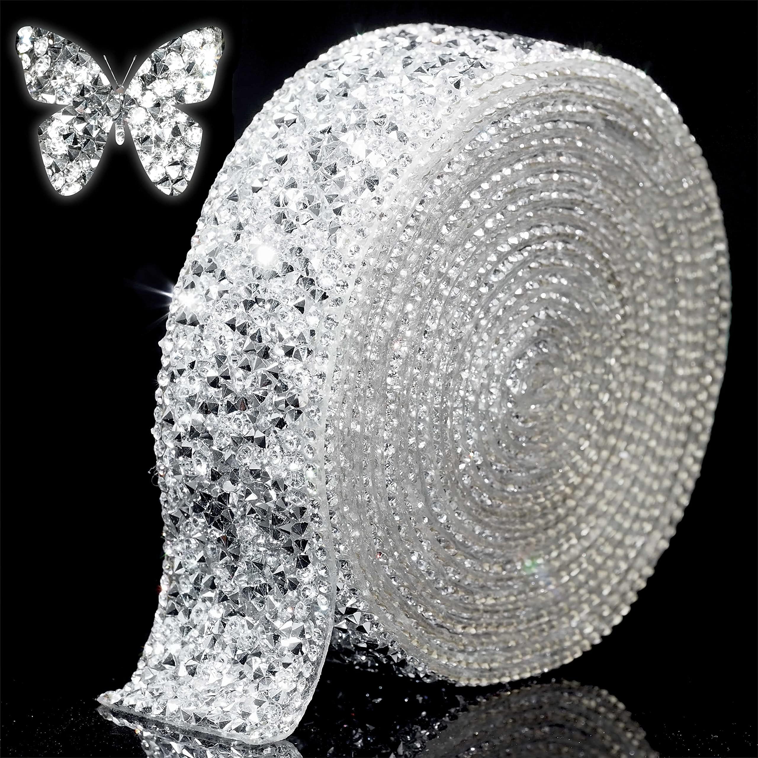 Photo 1 of Locacrystal Bling Rhinestones Ribbon Self-Adhesive Iron on Resin Diamond Crystal Ribbon Wrap Roll DIY Rhinestone Stickers for Wedding Clothing Cars Crafts Dress Decoration(Silver+White,1.18inch 3yard)