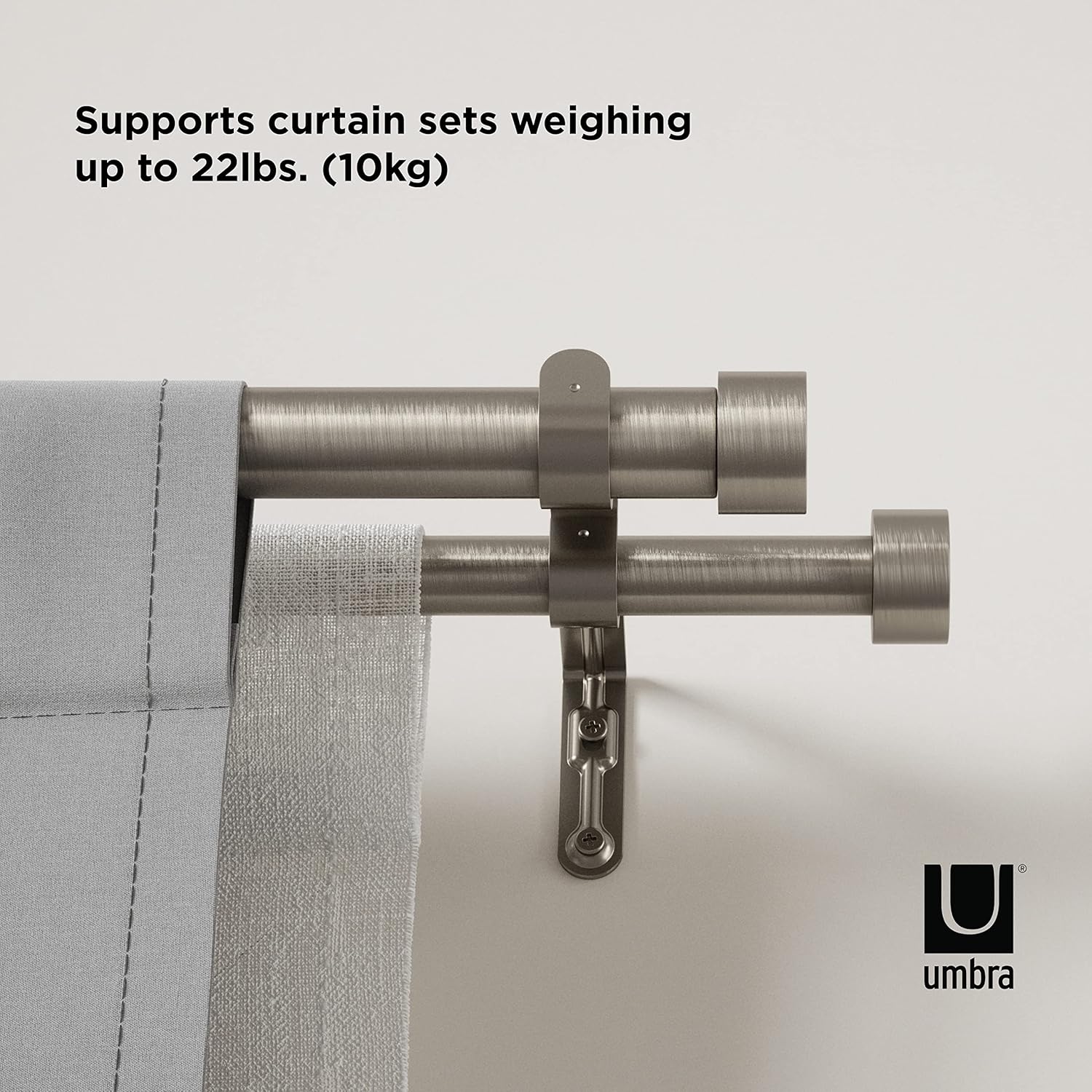 Umbra Cappa Double Curtain Rod, Includes 2 Matching Finials, Brackets & Hardware, 120 to 180-Inch, Nickel