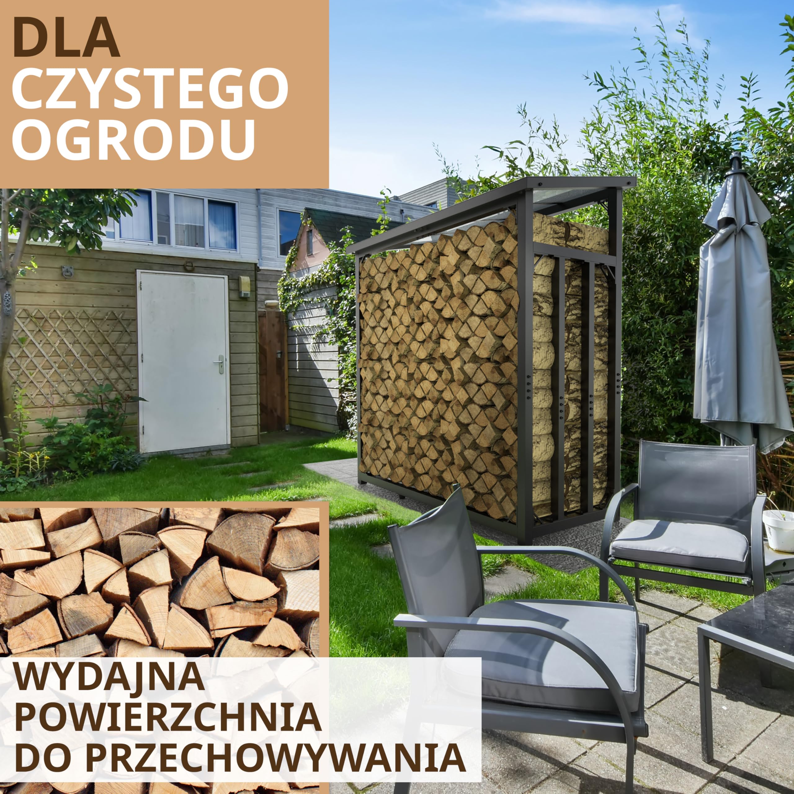Regał na drewno opałowe zewnętrzny z dachem, ocynkowany, 188 x 70 x 188 cm 45 kg, stojak do układania w stos, nośność 3 t regał na drewno kominkowe metal z pokrywą czarny