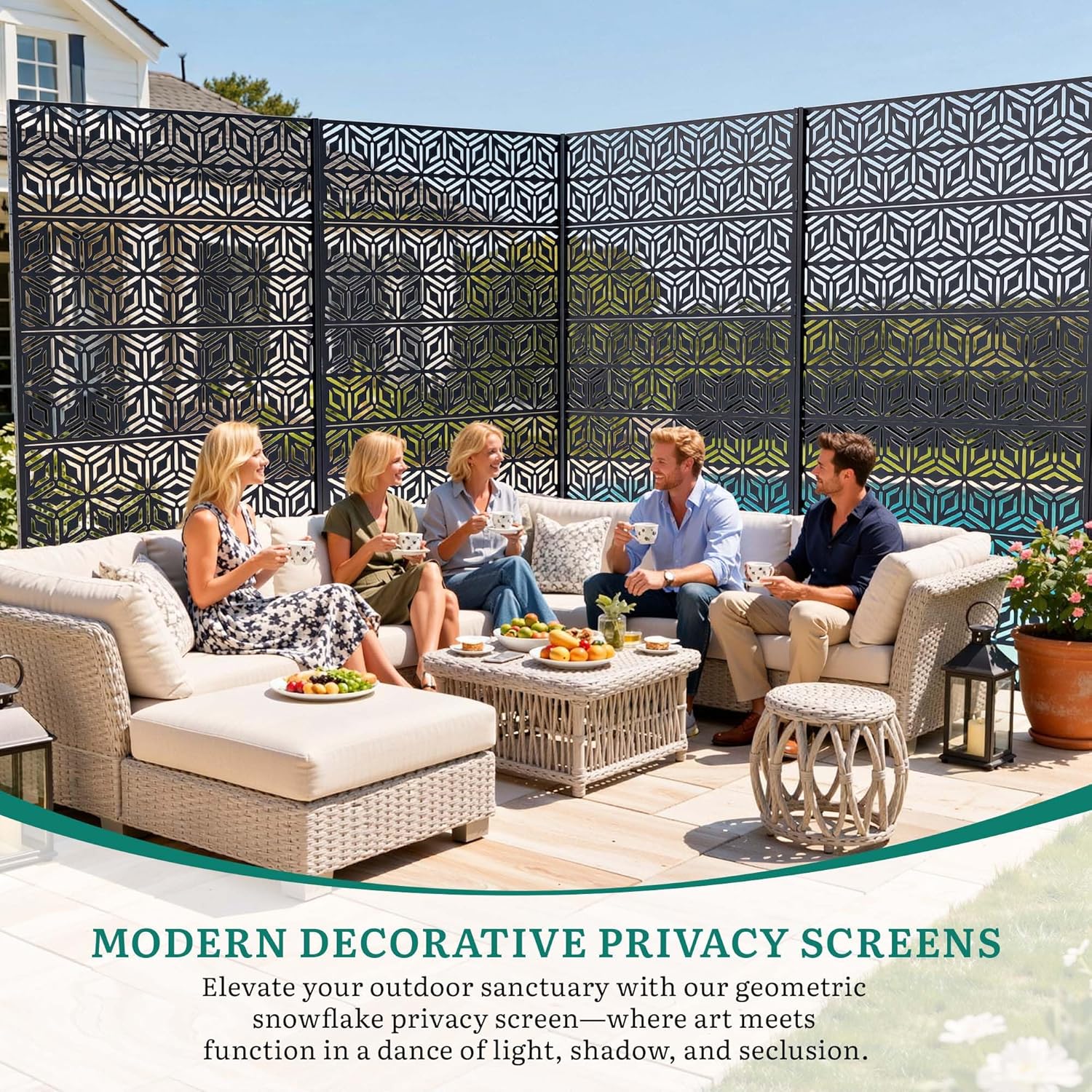 Decorative Privacy Screen Outdoor 72" H×44" W, Steel Laser Cut Snowflakes Garden Privacy Fence Panel, Weatherproof Freestanding Modern Screen Divider for Balcony Patio Deck Backyard Home