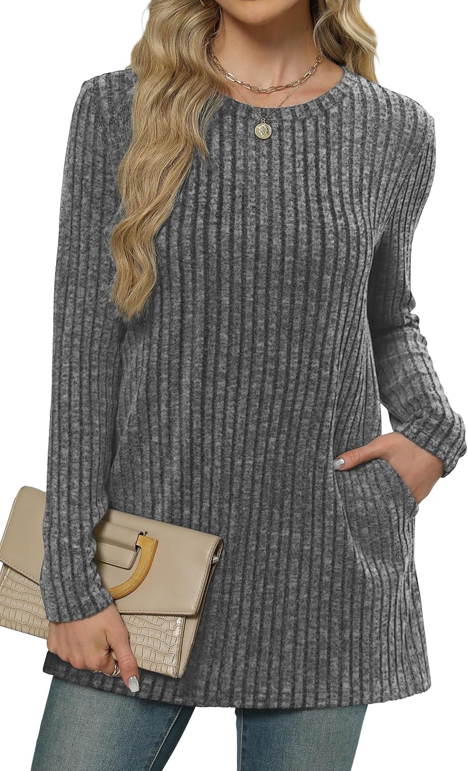 XIEERDUO Long Sleeve Shirts for Women Crewneck Tunic Tops Loose Fit Dressy Womens Sweaters with Pockets Fall Fashion 2025 - Image 2