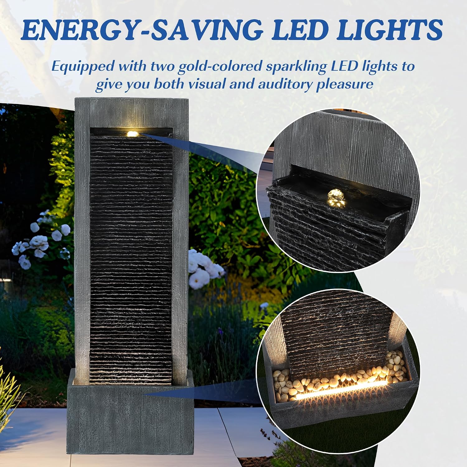 49.6" H Waterfall Fountains Outdoor Garden - Water Fountains and Waterfalls Outside, Large Indoor Floor Standing Resin Fountain Features W/Pump LED Light Cobbles for Patio, Home Art Decor