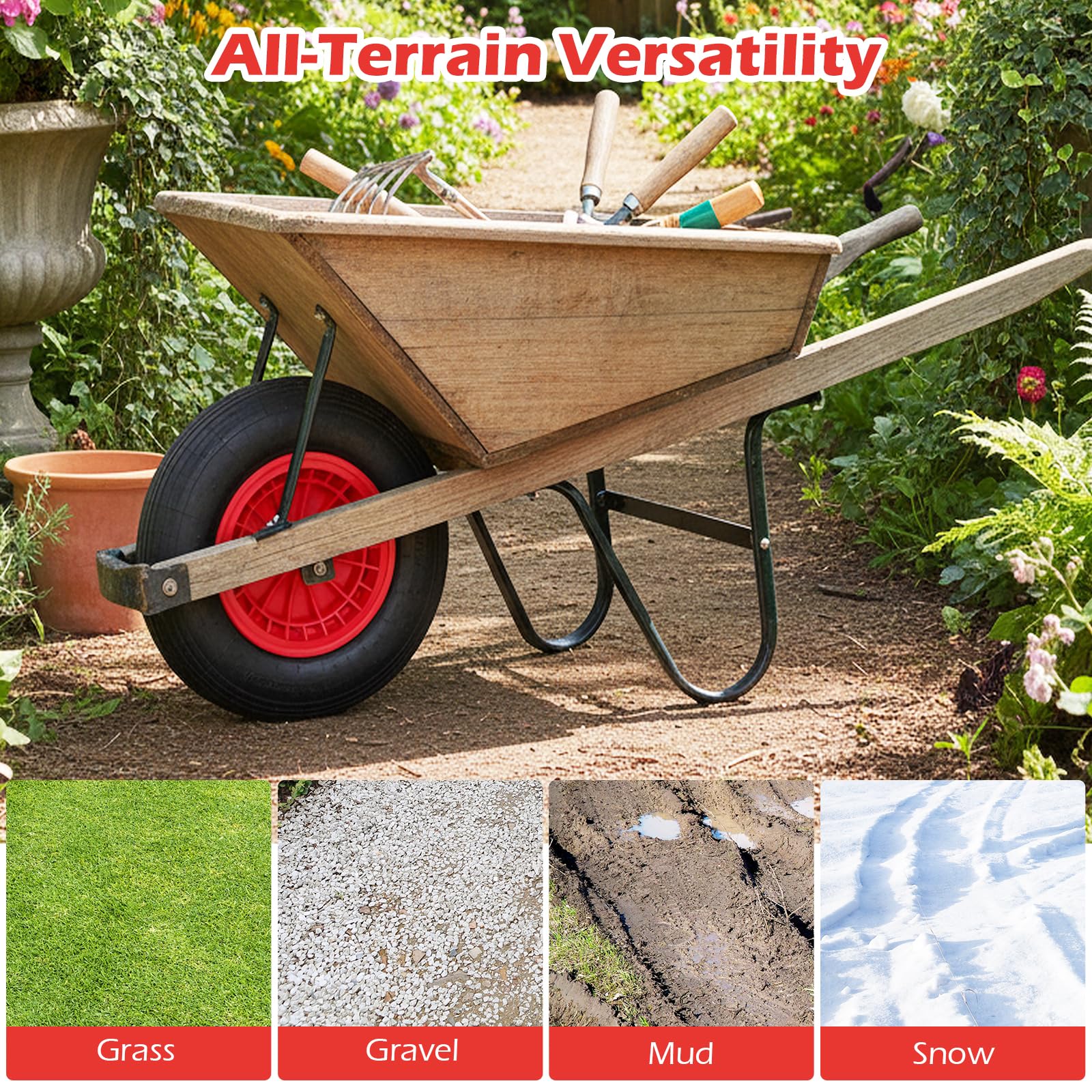 SOARS Ruota Pneumatica per Carrello Carriola, Dimensioni 4.80/4.00-8, 250KG Max, Diametro 40 CM, Asse Ø20 MM, Larghezza 10 CM, Cuscinetto a Rullini Robusto - Nero+Rosso (2)