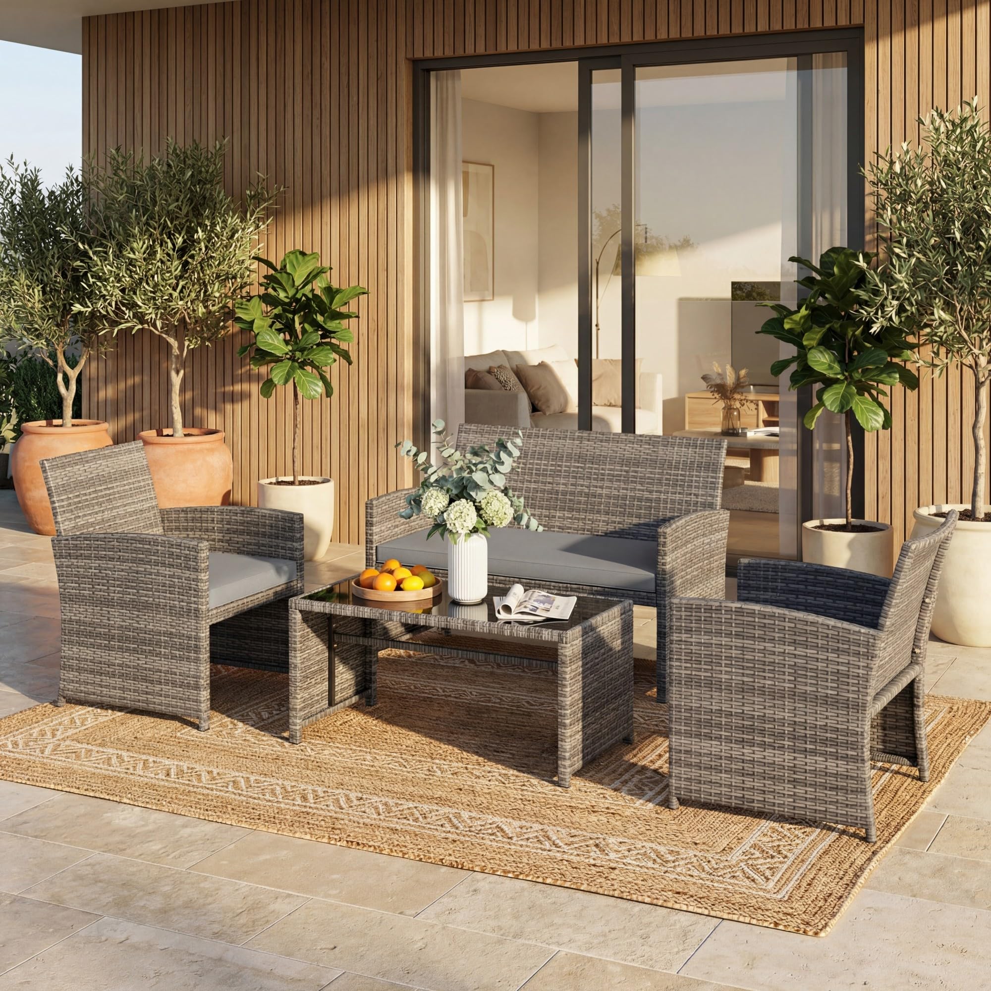 SOARS Salon de Jardin Exterieur en Rotin PE, 4 Personnes (Gris+Gris)