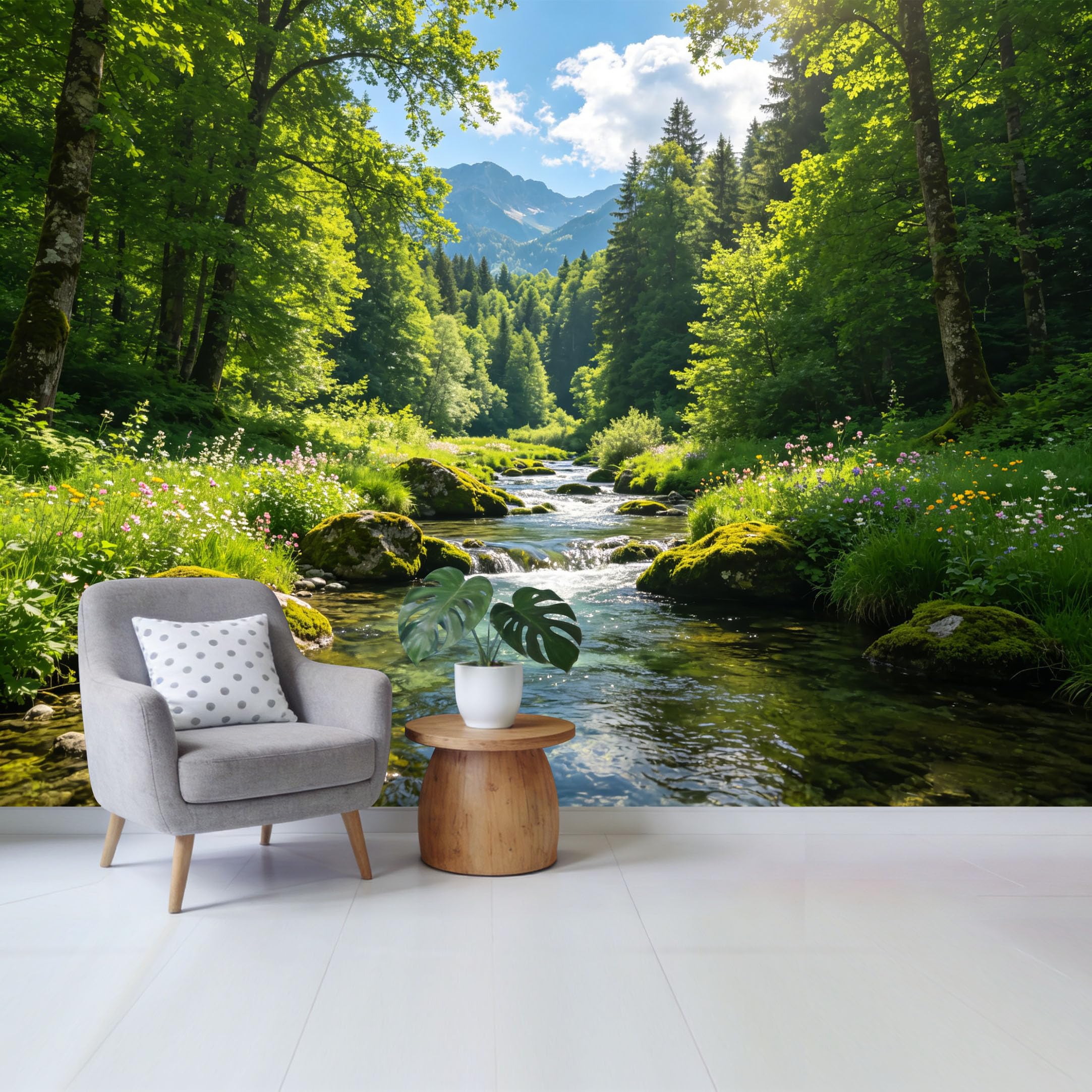 Qzlithotic Yq2605250130 Custom Size Wall Mural Mountain Stream Forest Landscape Botanical Vibrant Wilderness Scenery Selfadhesive Wall Fabric Removable Wallpaper For Home Office Decor