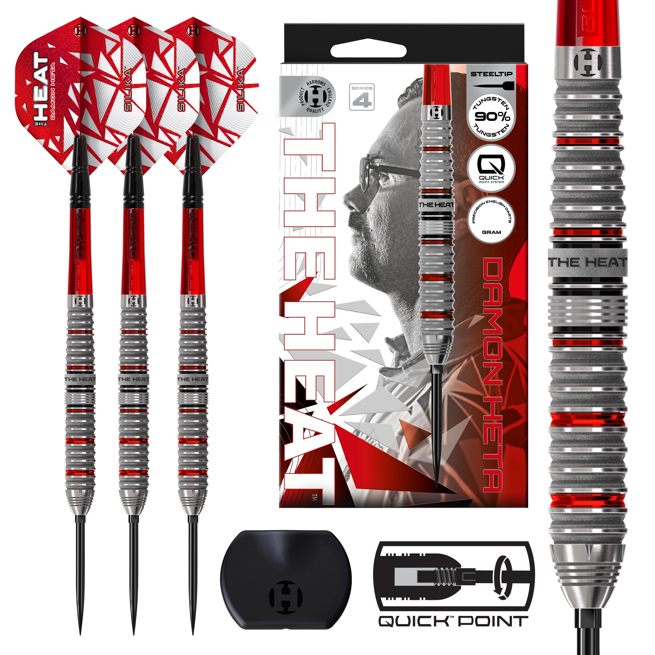 Harrows Damon Heta 90% Tungsten Darts Series 4, Steel Tip Darts Set With Quick Point System Available in 21g, 23g, 24g & 25g with Quick Point Tool, Red Alamo VS2 Shafts & Silika Flights (25g)