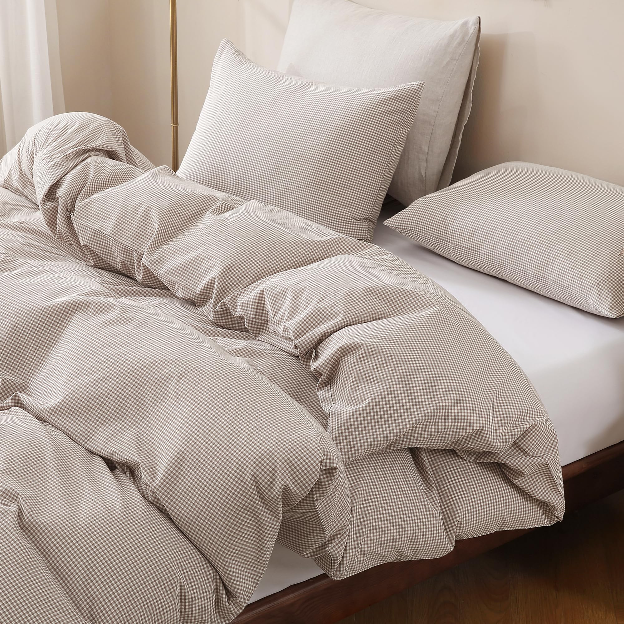 TOCOMOA Mini Gingham Tan Duvet Cover Set Washed Cotton Like Linen, Queen