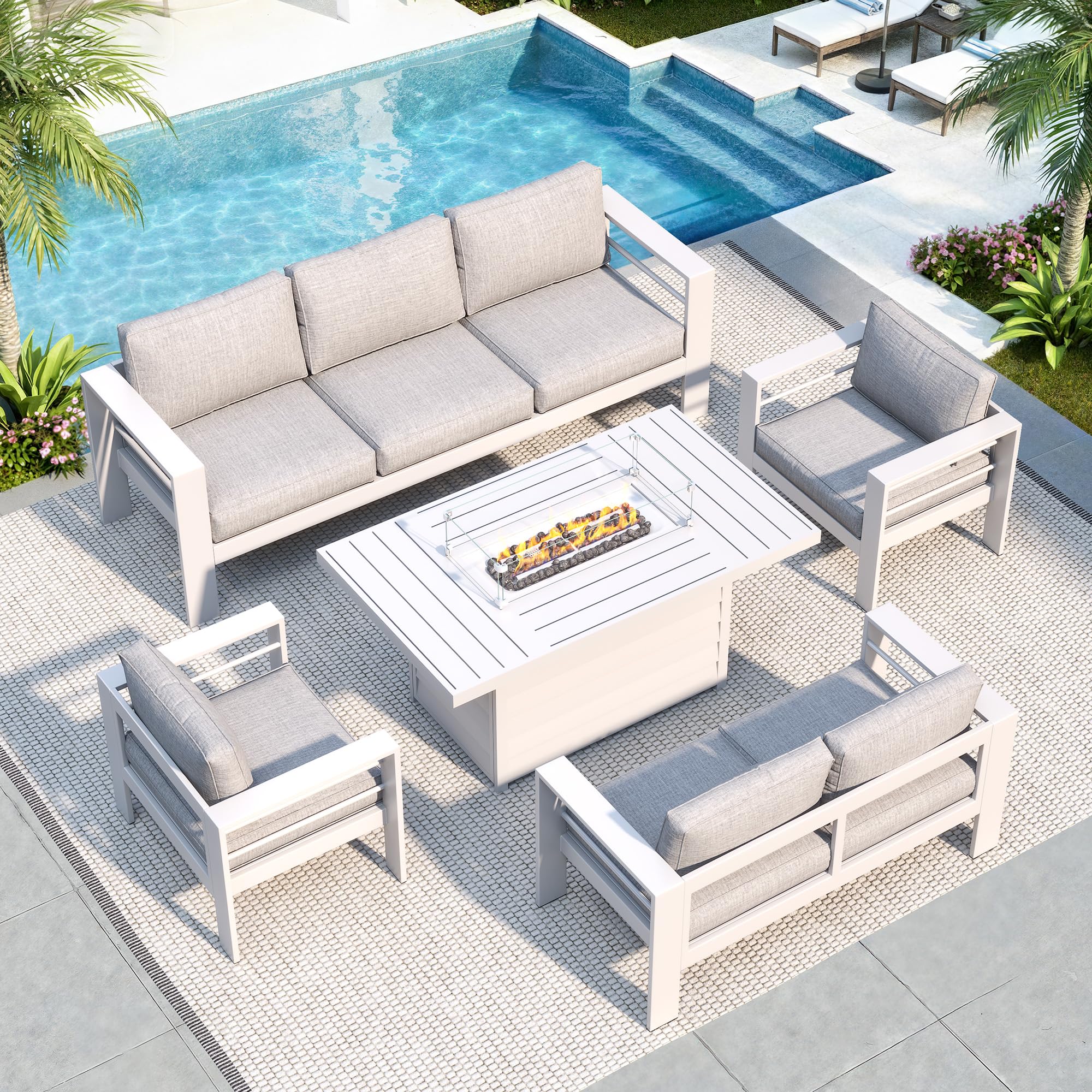 Solaste Aluminum Patio Furniture Set with 55 inch Fire Pit Table, 5 Piece Metal Outdoor Furniture with Water-Resistant Cushions, Modern Patio Conversation Set for Balcony, Front Porch, and Backyard