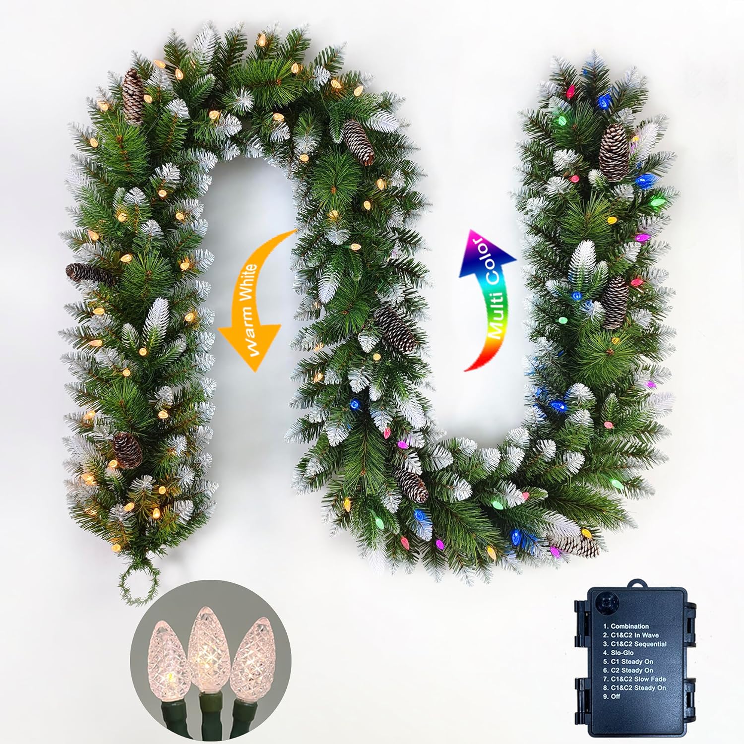 9FT Pre-lit Snow-Kissed Artificial Christmas Garland with Pine Cones, 60 C3 Dual-Color Multi-Functional Battery Operated LED Lights with Timer