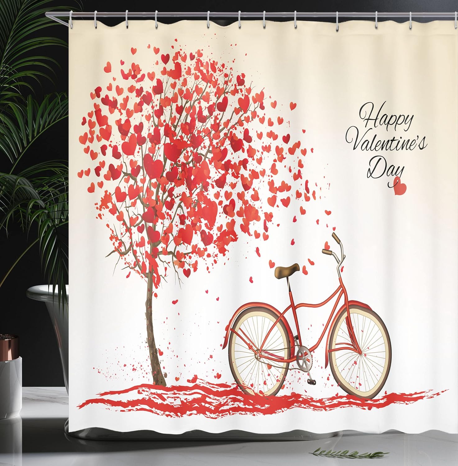 Ambesonne Valentines Day Shower Curtain, Romantic Tree with Blooming Hearts with Bike and Petals Vintage Art, Cloth Fabric Bathroom Decor Set with Hooks, 69" W x 70" L, Cream Vermilion