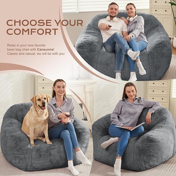 Giant Bean Bag Chairs for Adults, Bean Bag Sofa Comfy Chair with Armrest Faux Fur Beanbag Chairs with Memory Foam Filler for Bedroom Living Room (Grey)