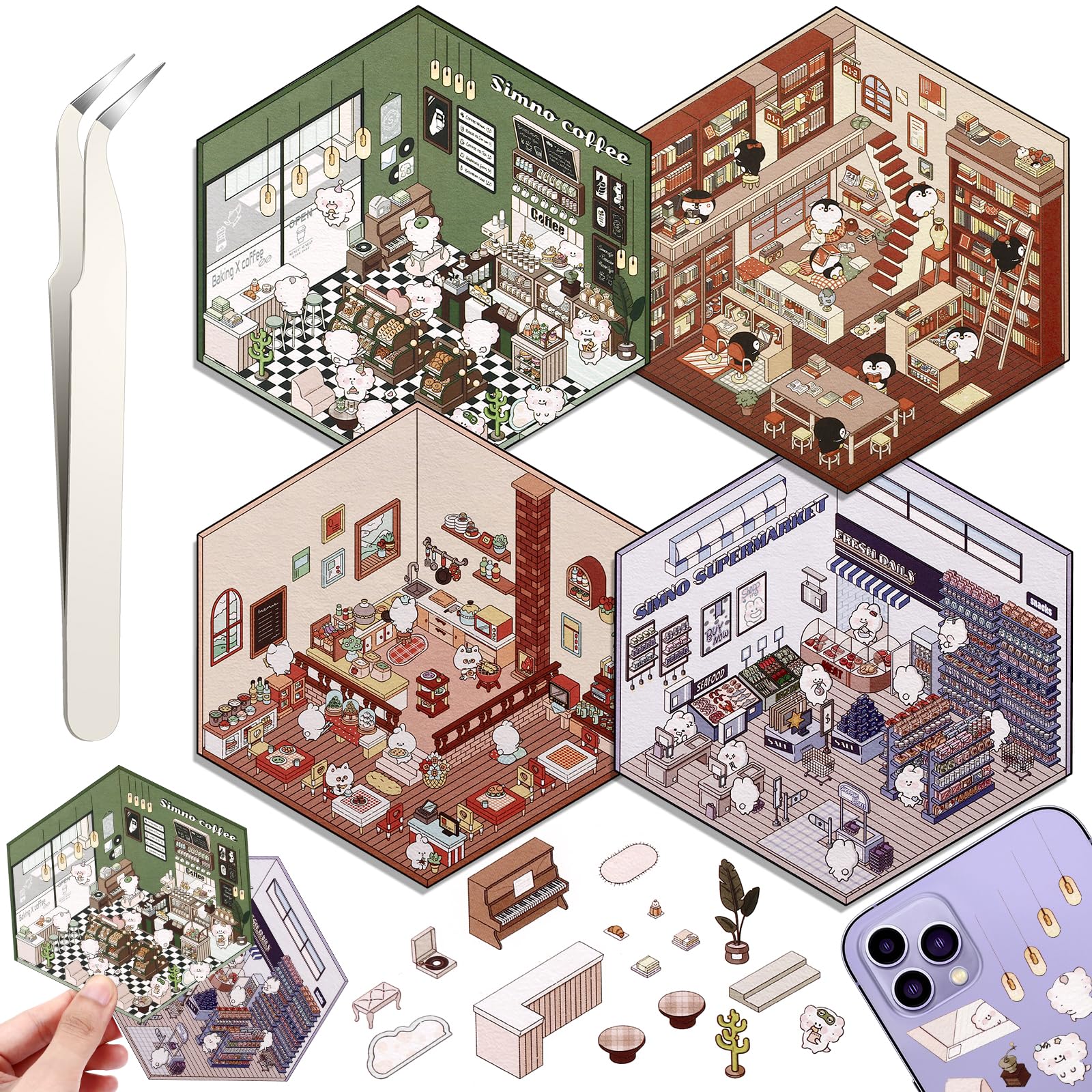 Lot De 2 Feuilles D'autocollants 3D Miniatures Pour Décoration DIY - Scènes Mignonnes Avec Pincette - Pour Scrapbooking, Décoration Maison