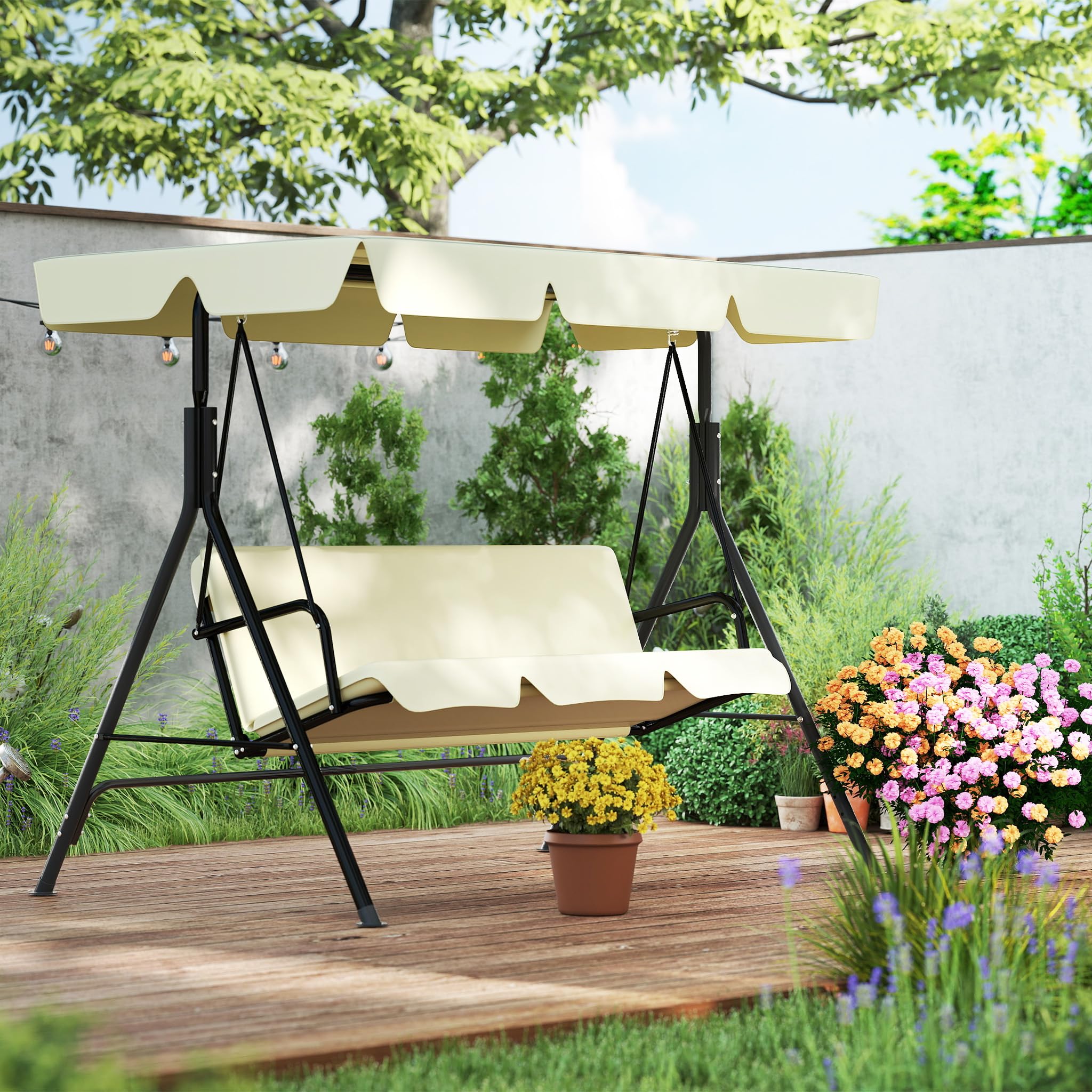 UISEBRT Hollywoodschaukel 3 Sitzer,Gartenchaukel mit Verstellbares Sonnendach,Schaukelbank bis 200kg Belastbar,Gartenliege Wetterfest Outdoor & Indoor,176x110x152cm,Beige