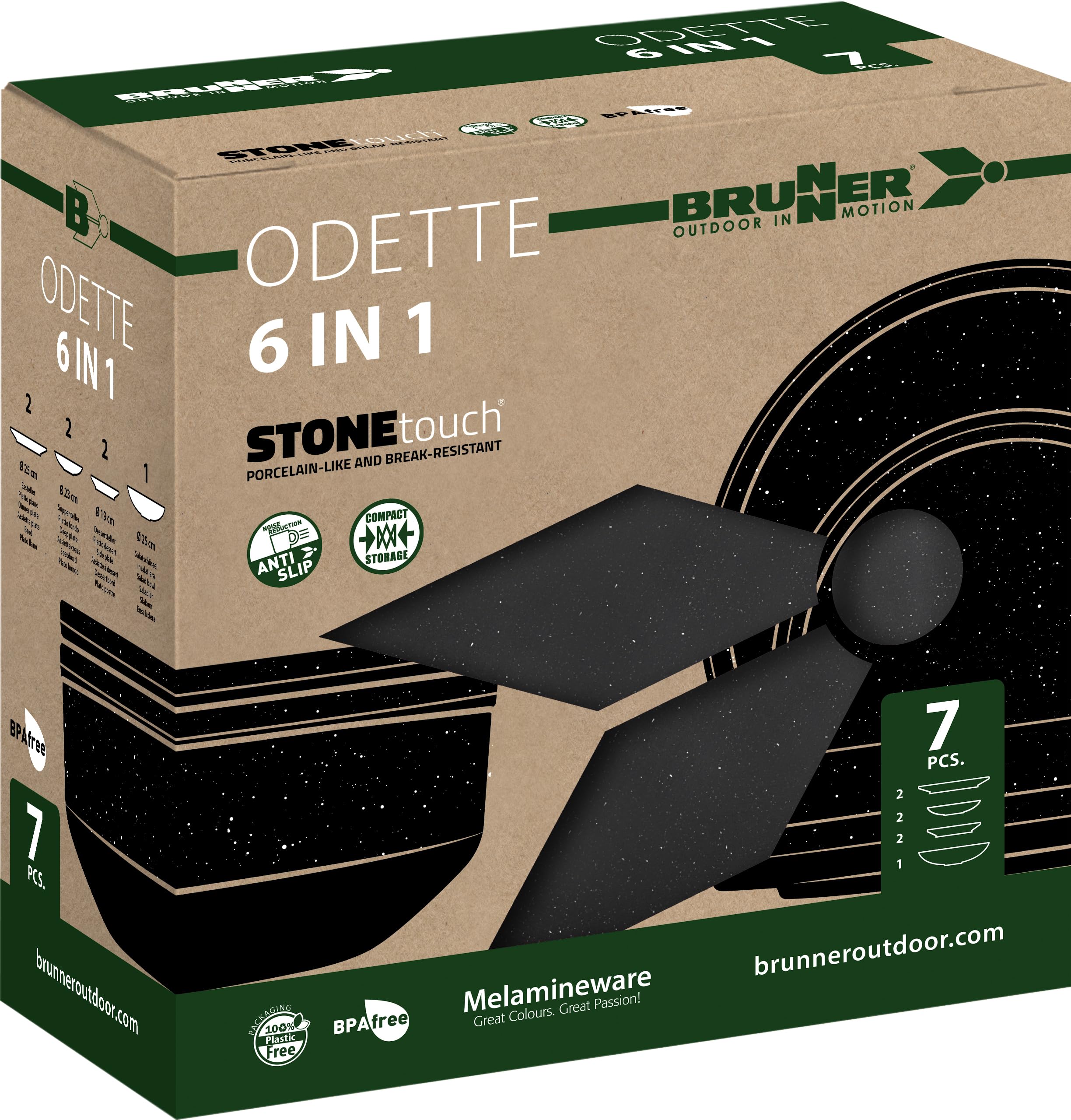 BRUNNER: Melamin Geschirr-Set Camping | 7-Teilig - Teller, Schalen & Salatschüssel für 1-2 Personen | 6-in-1 Set ODETTE - Stapelbar, Kratzfest