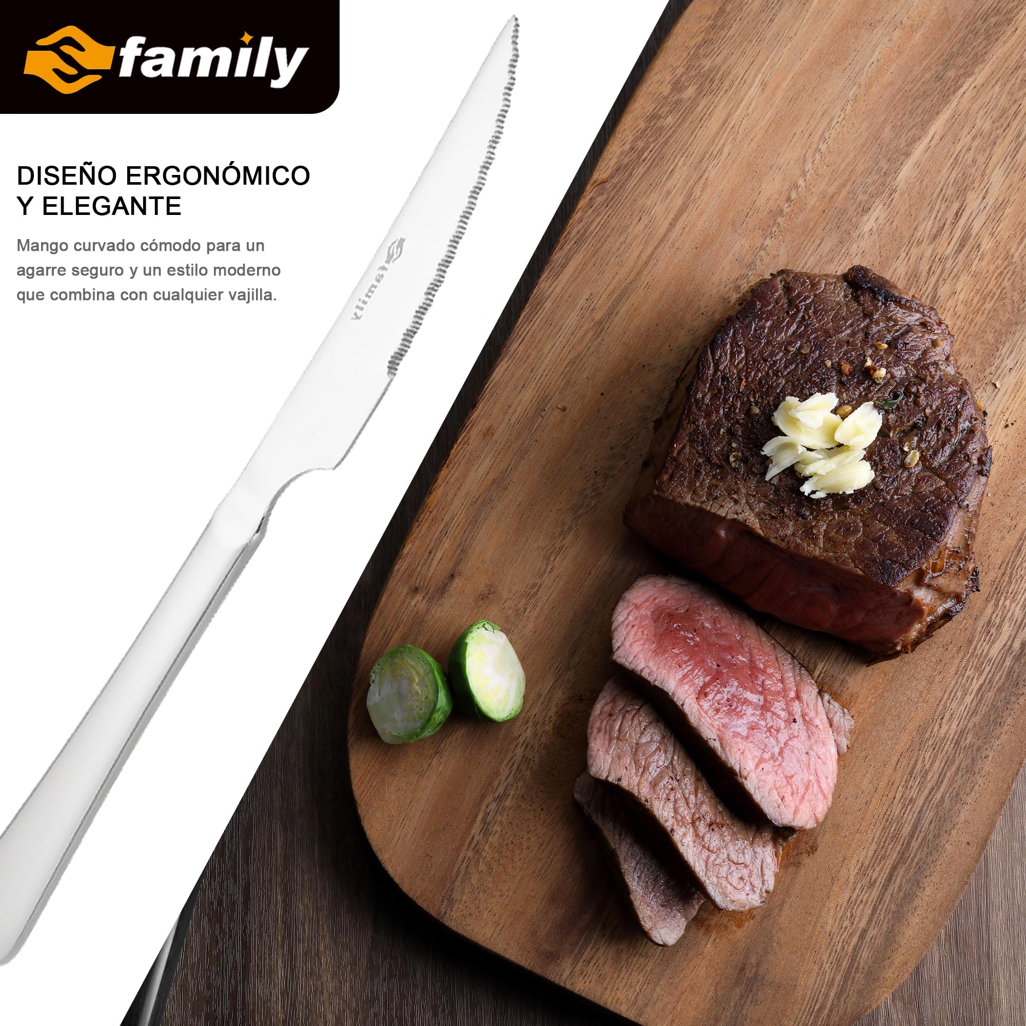 Cuchillo de Carne Acero Inoxidable 21.5x2CM FAMILY Pack 6 Cubiertos Hogar Restaurante