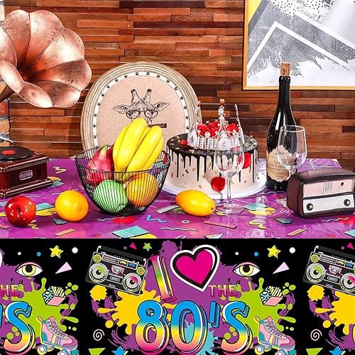 Miniatura 5 de Kasyat Mantel de plástico de 3 piezas de los años 80 para fiestas, cubierta de mesa de los años 80, suministros de cumpleaños de los 80, decoración
