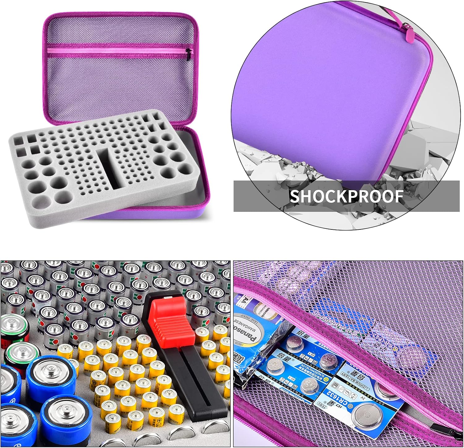 Battery Organizer Storage Holder, 150+ Batteries Storage Containers Box with Battery Tester Fits for AA AAA 9V C D Lithium 3V LR44 CR2016 CR1632 CR2032 CR2025 (Case Not Includes Batteries)-Purple