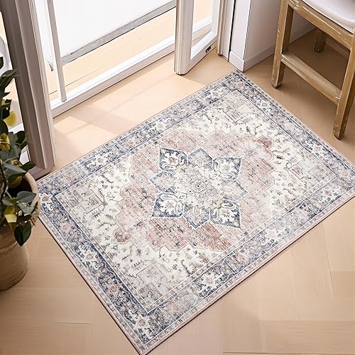 Miniatura 4 de PureCozy Alfombra de entrada rosa de 2 x 3 pulgadas, vintage, lavable, para interiores, sala de estar, cocina, envejecida, retro, para oficina,