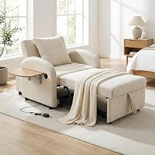 Convertible Single Chair Bed, 3-in-1 Pull-Out Sleeper Chair with Foldable Board & USB Port, Adjustable Backrest Linen Sofa Bed with Pillow for Compact Apartment Bedroom Office Creamy white + Linen