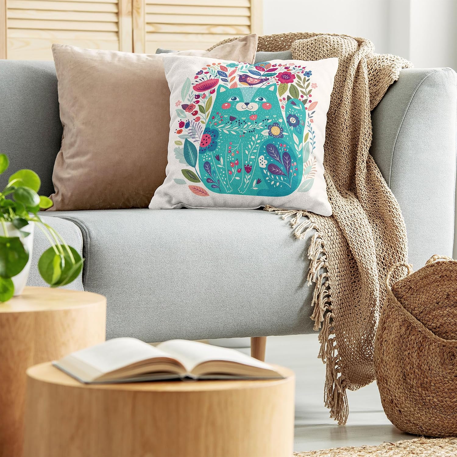 Ambesonne Cat Throw Pillow Cushion Cover, Kitty Surrounded by Birds Flowers Ladybugs Inspirational Folk Theme, Decorative Square Accent Pillow Case, 18" X 18", Multicolor Seafoam image 3