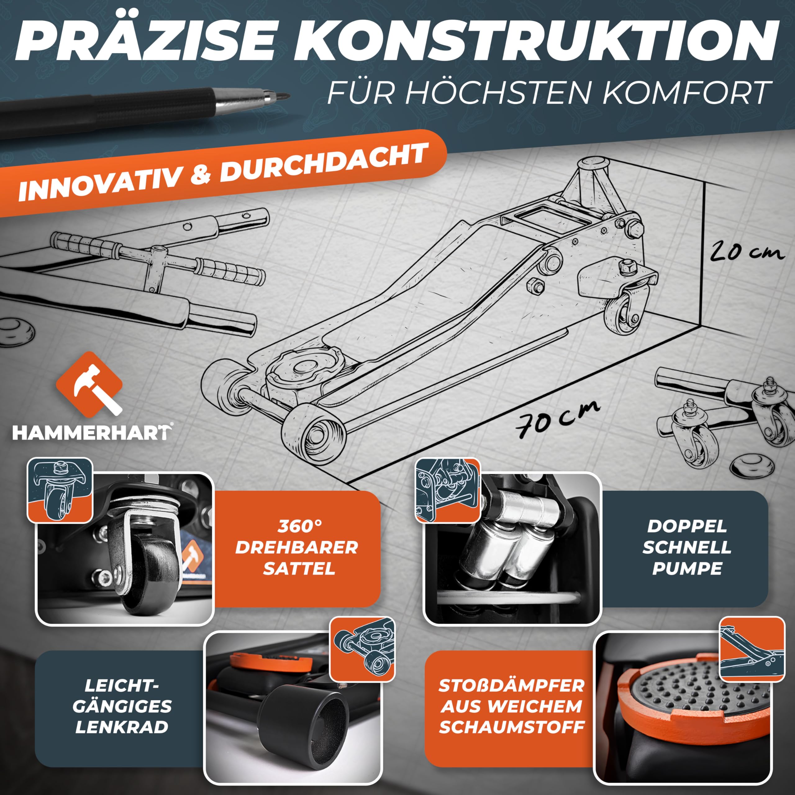 HAMMERHART - Hydraulischer Wagenheber 3T | TÜV geprüfter Rangierwagenheber mit 75-505mm Hubhöhe | Premium Wagenheber flach mit 360° Rollen & Doppelkolben | Jack [Testsieger] mit Gummiauflage & T-Griff