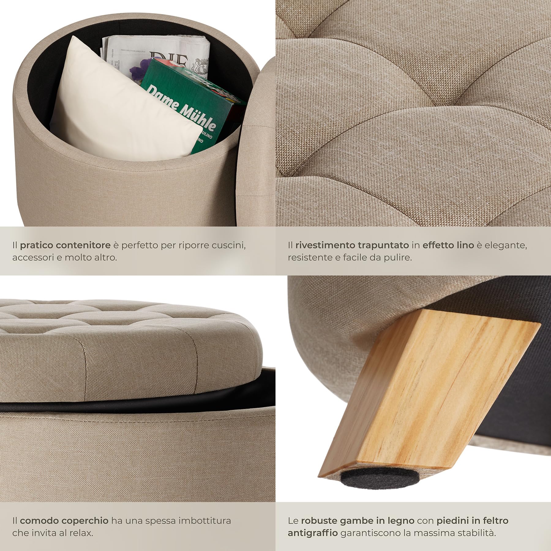 tectake® Sgabello Rotondo in Lino, Pouf Contenitore con Grande Scomparto, Gambe in Legno Massiccio, Capacità di Carico 150 Kg, Ø 44,5 cm, 41,5 cm di Altezza - Sabbia