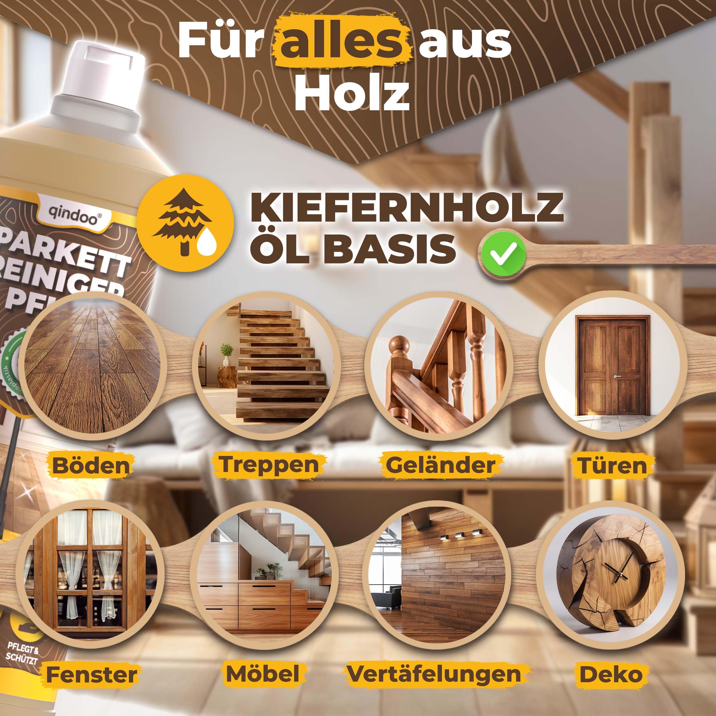 Parkettpflege für geölte Böden 5L Holz Dielen Parkettboden Reiniger Pflege, Holzboden un d Parkett wischen, Holzseife mit UV-Schutz