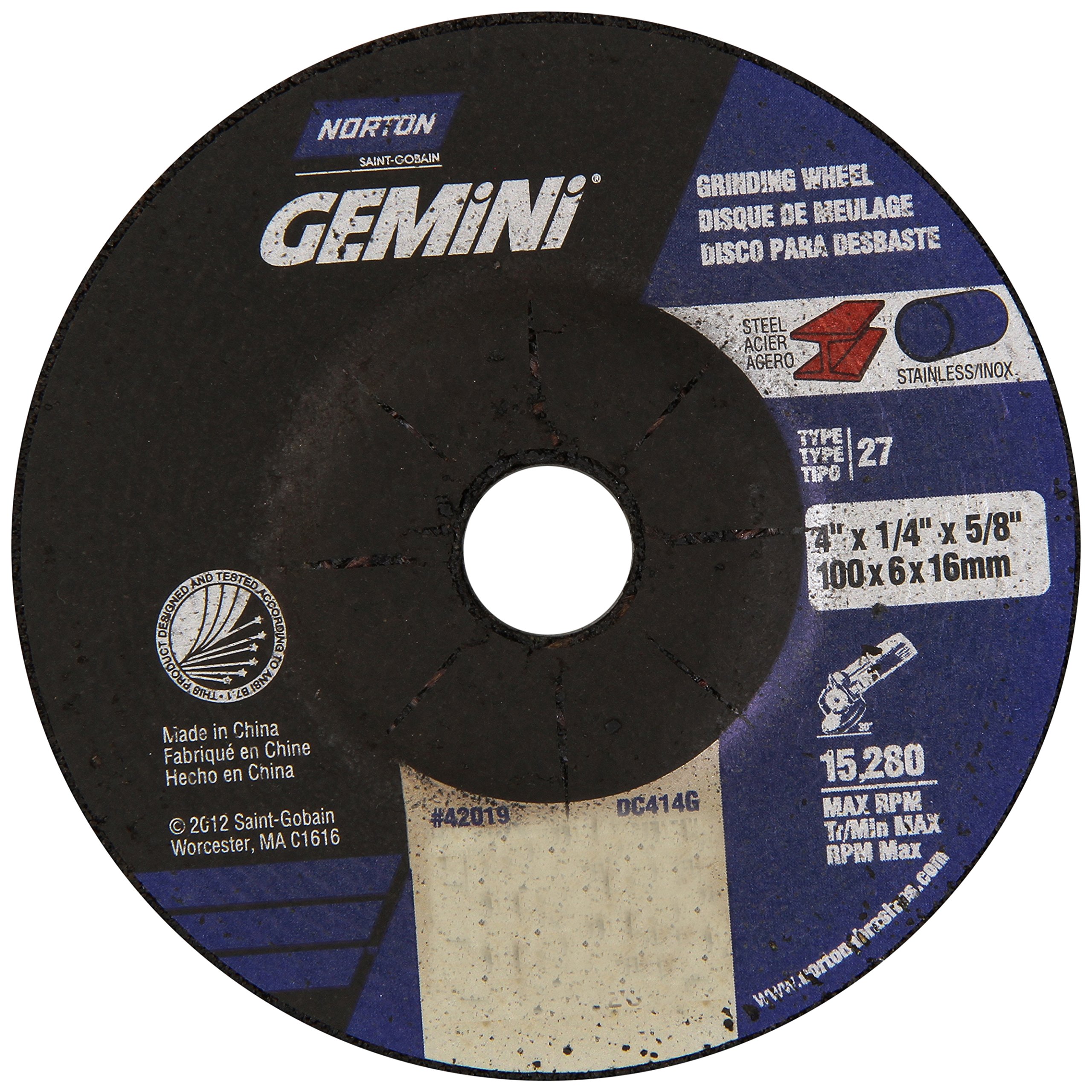 Norton Gemini Depressed Center Abrasive Wheel, Type 27, Aluminum Oxide, 5/8