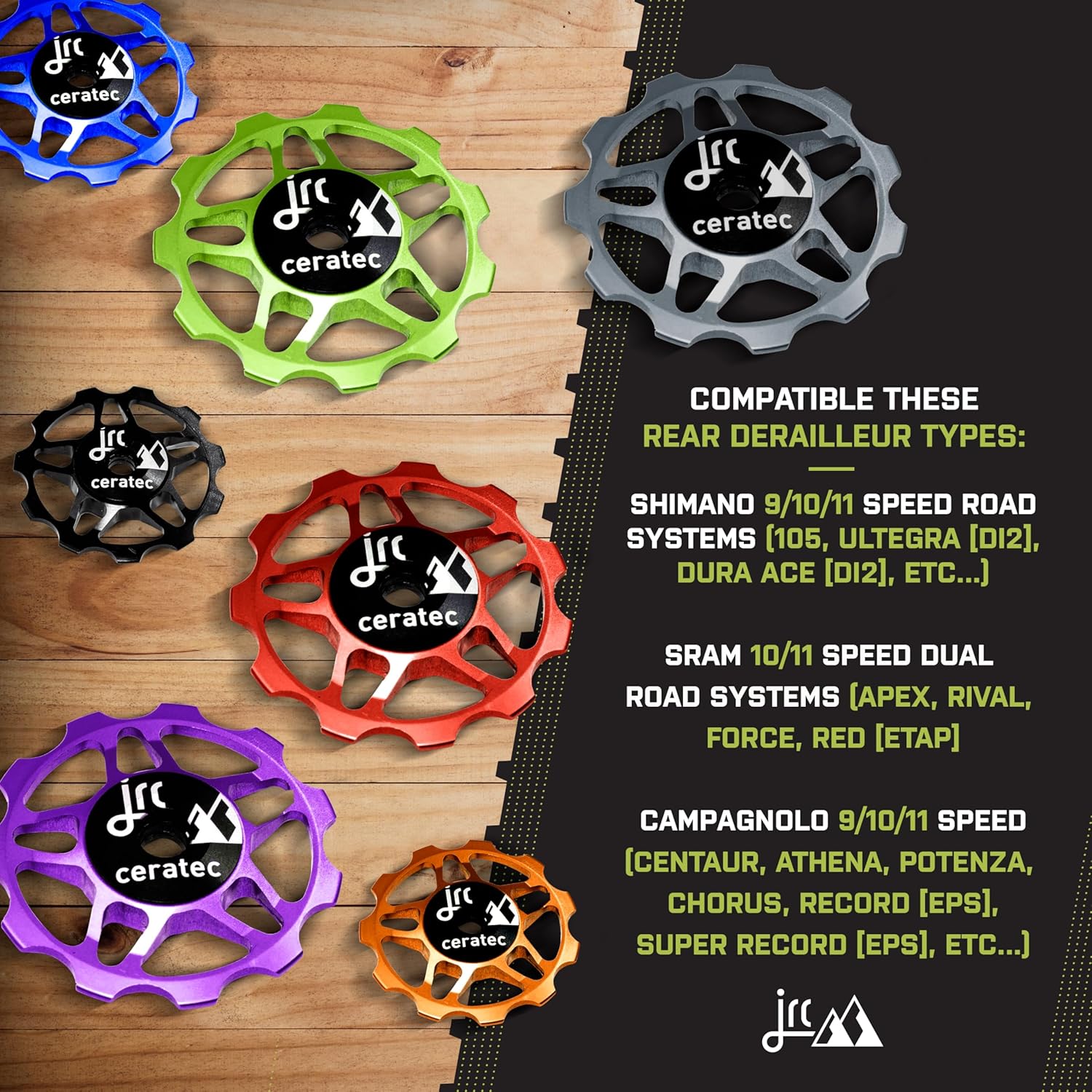 JRC Components 11T Ceramic Pulley Wheels | Compatible with Shimano, SRAM & Campagnolo 9/10/11 Speed for Road Systems | Hybrid Ceramic Derailleur Pulley Wheels