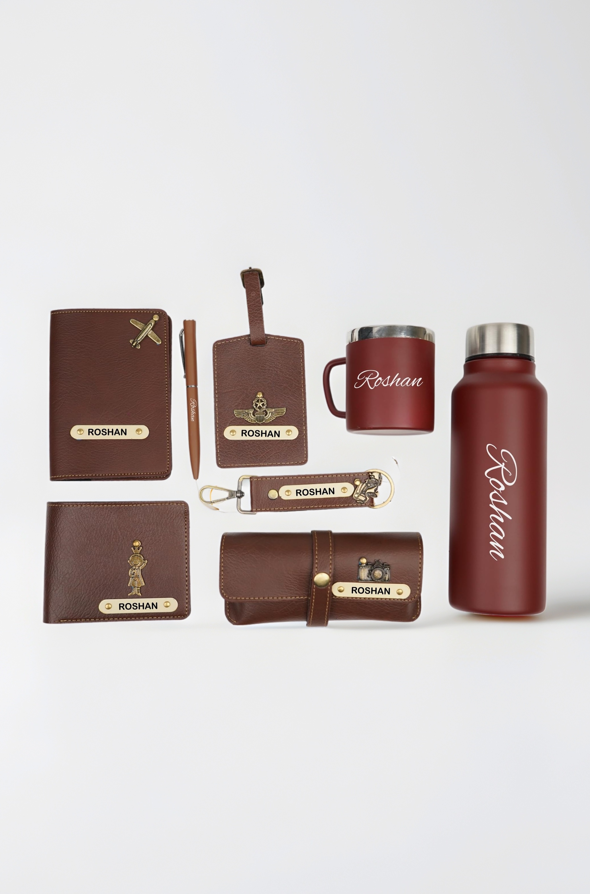 - Personalised All in One Gift Combo for Men’s | Customized Man Gift Hamper with Name & Charm, Leather Men Wallet, Passport Cover, Water Bottle, Keychain, Customized Pen - Brown
