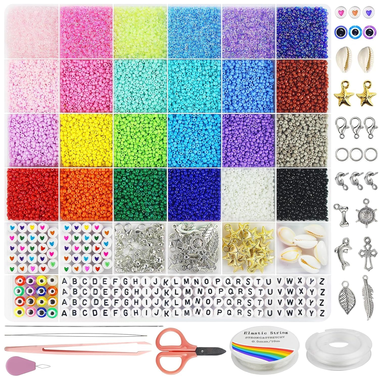 VIRADHAM Glass Seed Beads for Jewelry Making Kit β Multicolor Bracelet Making Set with Letter Charms | DIY Friendship Jewelry, Art | Craft Beads for Girls Unicorn Gift Box (Evel Eye)