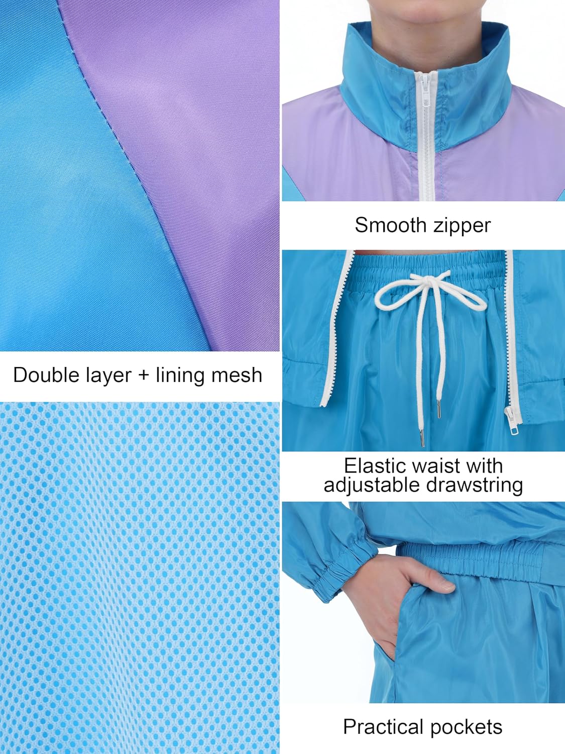 SOMSOC 7 Pieces 80s Tracksuit for Women 90s Windbreaker Sweatpants Outfit Color Block Jacket with Fanny Pack Accessories