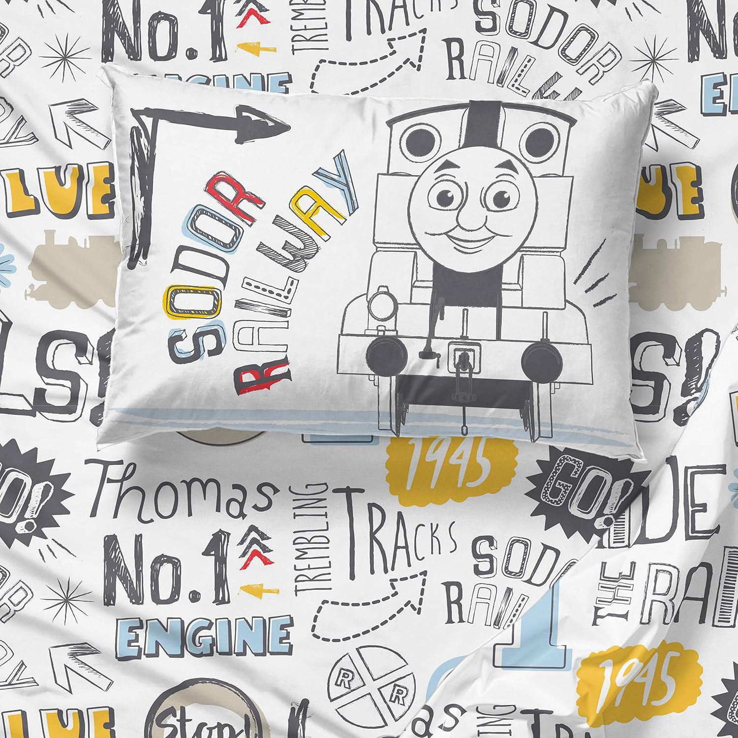 Thomas & Friends Thomas Doddle Days 4 Piece Toddler Bed Set - Includes Reversible Comforter & Sheet Set - Super Soft Fade Resistant Microfiber - (Official Thomas & Friends Product)