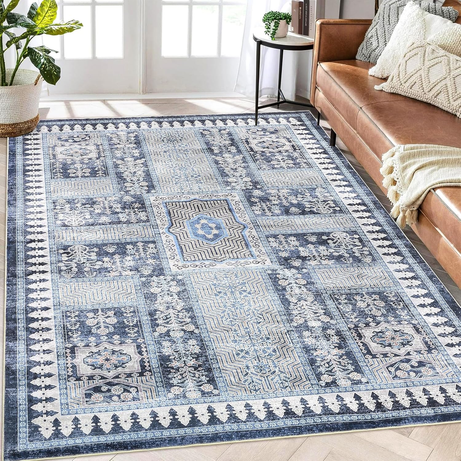 Blue Washable Rug for Living Room 8x10 Low Pile Vintage