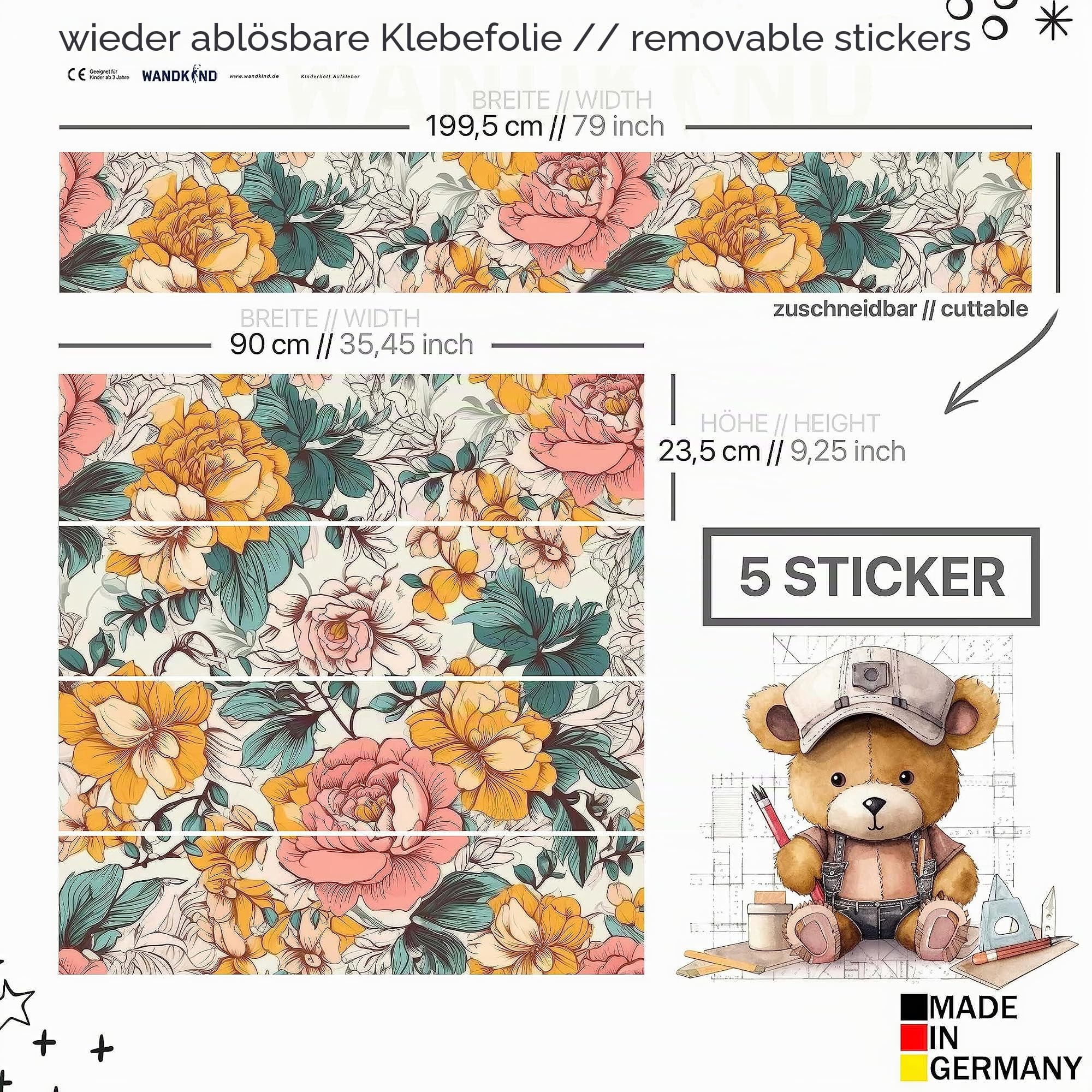 WANDKIND Aufkleber für IKEA KURA Kinderbett Hochbett Klebefolie Möbelfolie Sticker Kinderzimmer Blumen (Möbel nicht inklusive) IKB507 (5 Sticker Set)