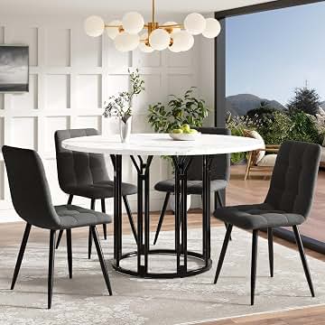 Mesa de comedor con 4 sillas, mesa de comedor redonda blanca, juego de mesa de comedor (5 piezas), banco con funda de lino, tapa de mármol, para cocina, comedor y sala de estar, 100 x 100