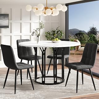 Mesa de comedor con 4 sillas, mesa de comedor redonda blanca, juego de mesa de comedor (5 piezas), banco con funda de lino, tapa de mármol, para cocina, comedor y sala de estar, 100 x 100